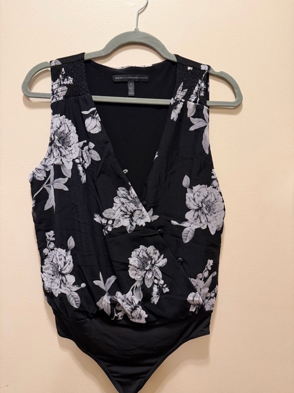 White House Black Market Black & White Floral Wrap Bodysuit